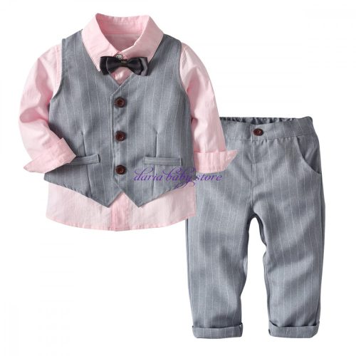 Set Davide format din camasa + pantaloni + vesta + papion 1-6 ani roz/gri