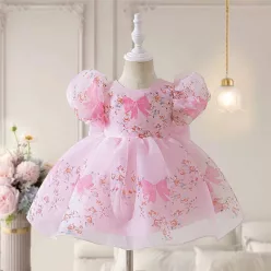   Rochie roz botez fetite 0-4 ani Medeea cu flori lungime medie