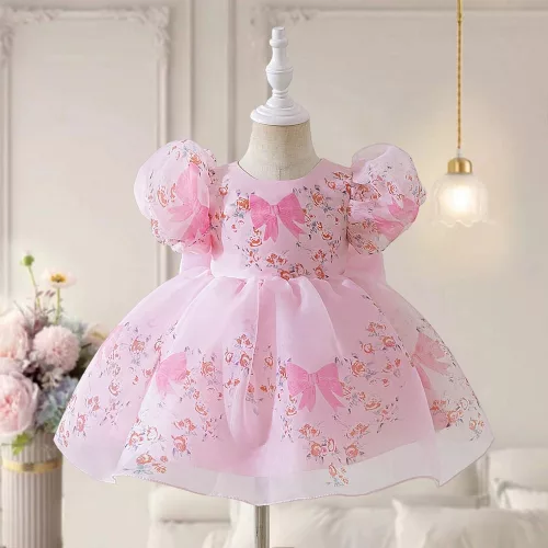 Rochie roz botez fetite 0-4 ani Medeea cu flori lungime medie