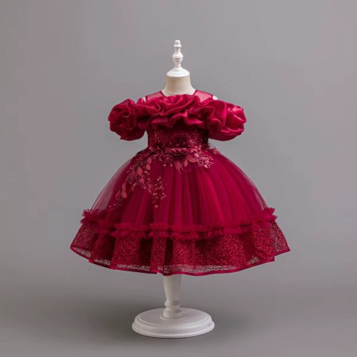 Rochita Alma bordo 3-12 ani lungime medie cu broderie si paiete