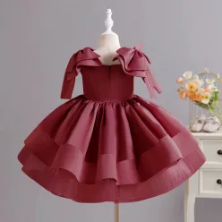   Rochita bordo nunta eleganta fetite tafta cu fundite  Margot 3-10 ani lungime medie