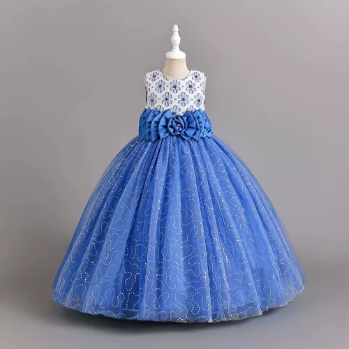 Rochie nunta copii 4-12 ani albastru electric cu paiete si broderie Livet lunga fara maneci 