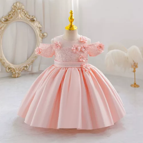 Rochie botez fetite 0-4 ani Beatrice roz deschis tafta paiete lungime medie maneci Bardot