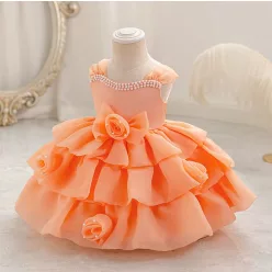 Rochie fetite cu trandafiri si volane portocalie orange 1-7 ani Medina lungime medie