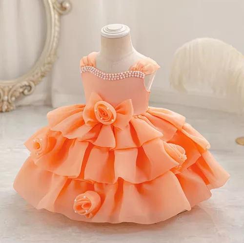 Rochie fetite cu trandafiri si volane portocalie orange 1-7 ani Medina lungime medie