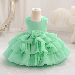 Rochie fetite cu trandafiri si volane verde 1-7 ani Medina lungime medie