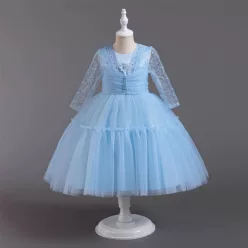   Rochita nunta fetite cu maneca lunga albastru deschis tulle Casiana 3-12 ani lungime medie 
