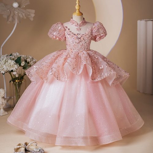 Rochita Iolanda DELUXE roz deschis lunga inchidere tip corset 3-12 ani maneca scurta