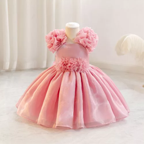 Rochie botez cu trandafir pentru fetite 1-5 ani crem Minerva lungime medie