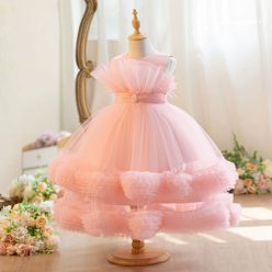 Rochita roz deschis eleganta fetite Adel 0-8 ani cu puf si volane