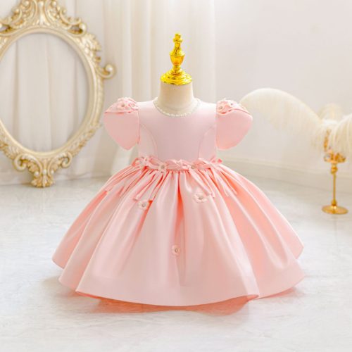 Rochie botez simpla pentru fetite 0-4 ani roz deschis Sofina lungime medie