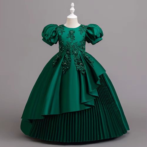 Rochita Mira 4-12 ani verde tafta cu broderie