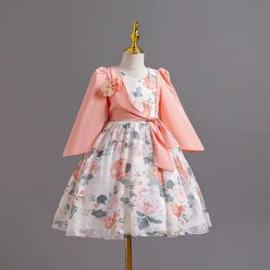   Rochita Casual Versilia cu flori 3-12 ani orange cu maneca lunga