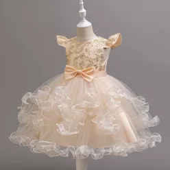   Rochita eleganta fetite crem Monica 3-12 ani cu broderie aurie lungime medie