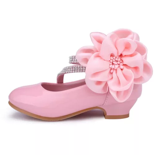 Pantofi fetite cu toc roz cu strasuri si floare mare Edeli 26-36