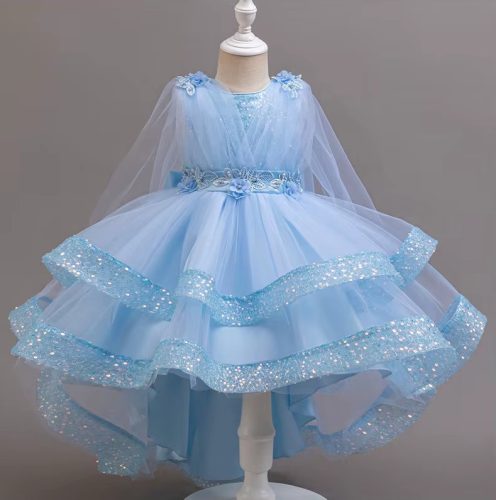 Rochita nunta fetite bleu cu trena si paiete Damaris 2-10 ani lungime medie voal pe umeri
