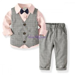   Set Albert format din camasa + pantaloni + vesta + papion 2-8 ani roz/gri IN STOC 