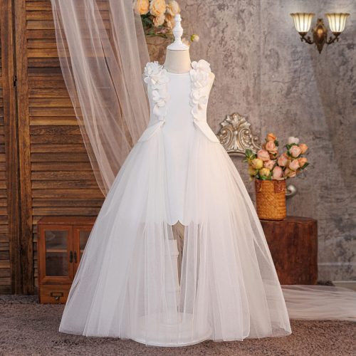 Rochita eleganta fete lungime medie cu trena detasabila alba 4-8 ani lunga Lusia