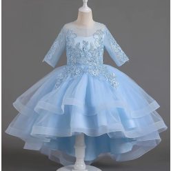   Rochita fetite eleganta albastra Seleba 3-12 ani cu trena si broderie  cu maneca lunga 