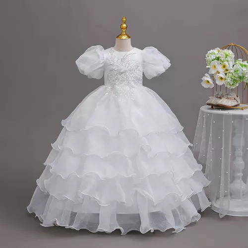 Rochie lunga de ocazie fete alba Flavia 4-12 ani cu volane si broderie