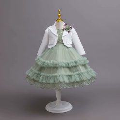   Rochita eleganta Ozana verde 3-8 ani cu bolero alb maneca lunga