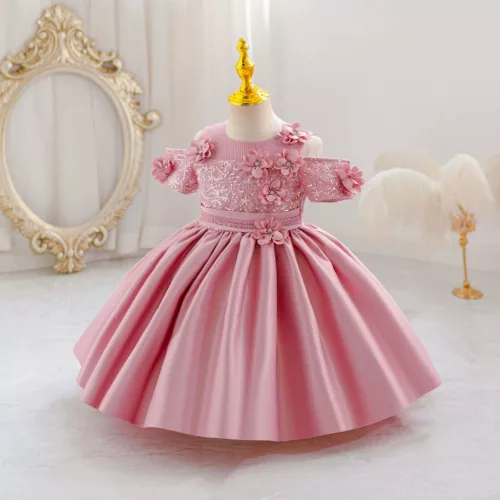 Rochie botez fetite 0-4 ani Beatrice roz pudra tafta paiete lungime medie maneci Bardot