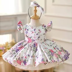 Rochita botez alba cu flori Carina Deluxe Volume 0-12 ani