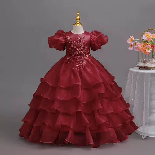 Rochie lunga de ocazie fete bordo Flavia 4-12 ani cu volane si broderie